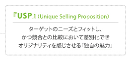『USP』(Unique Selling Proposition)ターゲットのニーズとフィットし、 かつ競合との比較において差別化でき オリジナリティを感じさせる「独自の魅力」